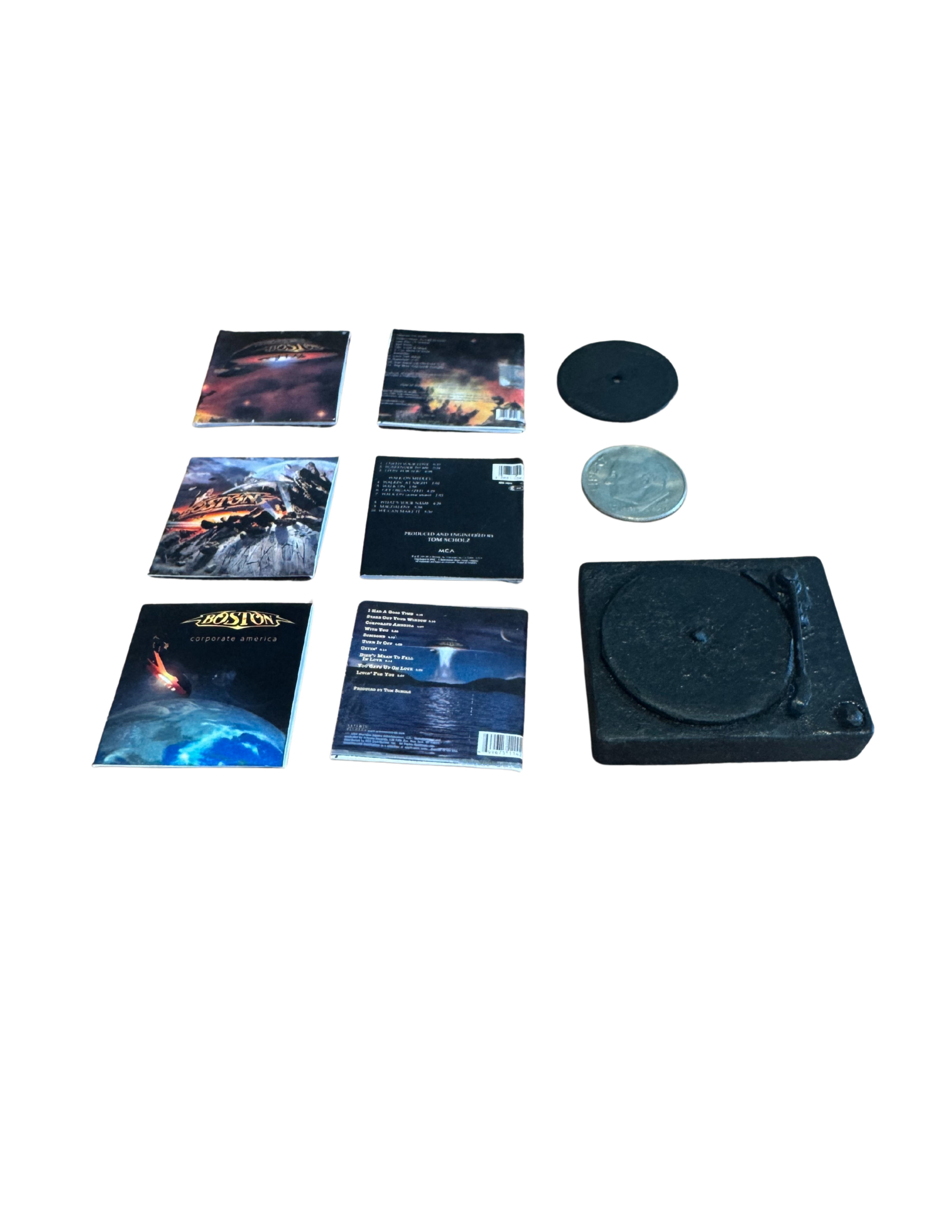 Miniature Boston Vinyl Records – 1:12 Scale | Handmade Mini Albums with 3D Printed Record | Add Turntable or Headphones Boston Collectible